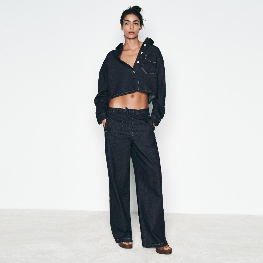 ZARA 1975 HIGH RISE DARK DENIM WIDE LEG DRAWSTRING WAIST JOGGER JEANS SIZE M NWT